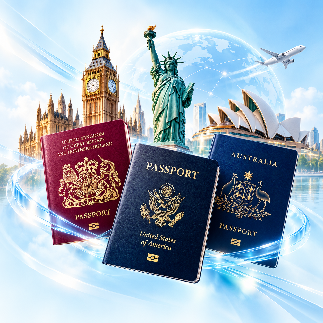 UK, US and Australian passports with global travel landmarks