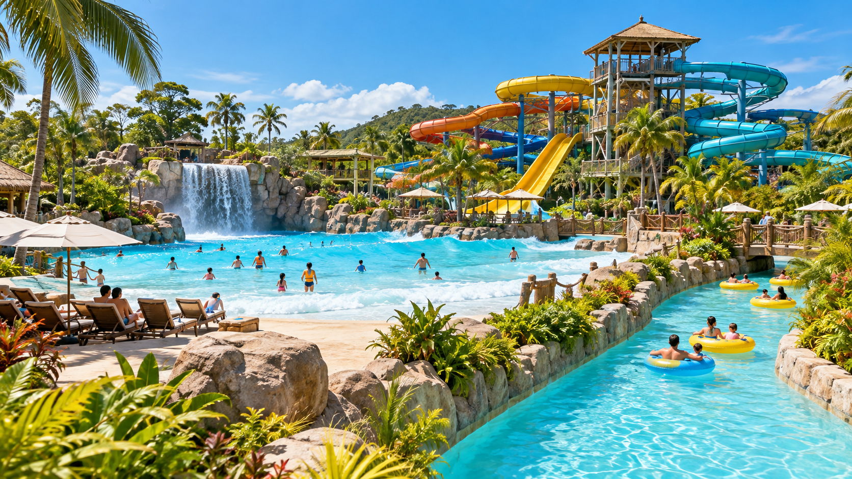 Tropical family water park near Pattaya with colorful slides, a wave pool and lazy river